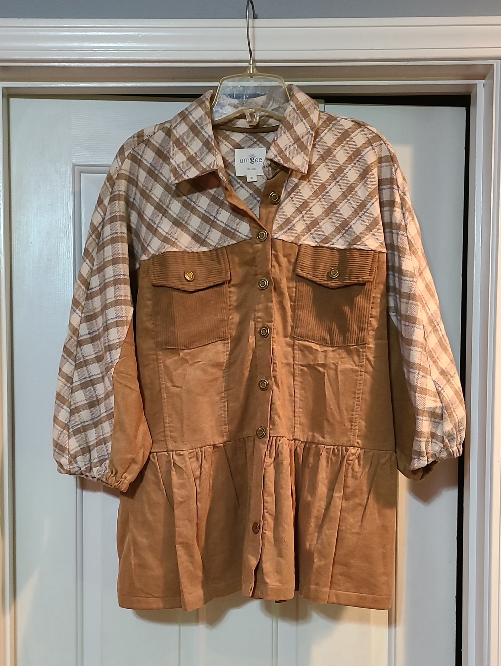 Umgee Tan and Beige Plaid Button-Front Tunic